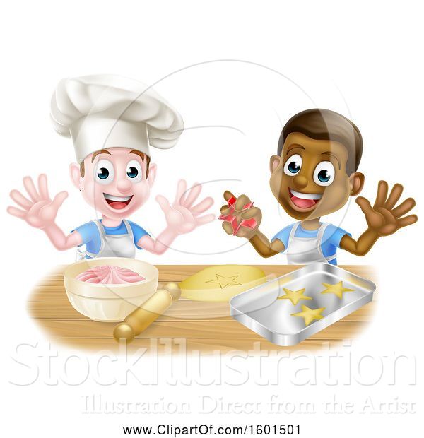 Vector Illustration of Happy Cartoon White and Black Boys Making Frosting and Cookies