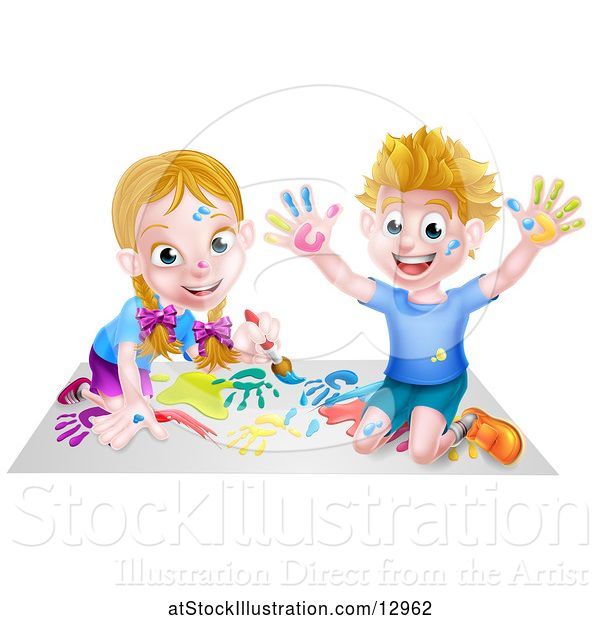 Vector Illustration of Happy Cartoon White Boy and Girl Kneeling on Paper and and Painting