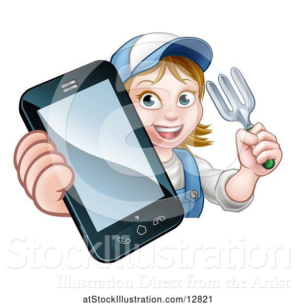 Vector Illustration of Happy Cartoon White Female Gardener Holding a Garden Fork and a Cell Phone