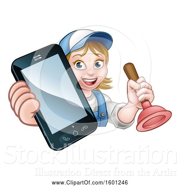 Vector Illustration of Happy Cartoon White Female Plumber Holding a Plunger and Cell Phone over a Sign