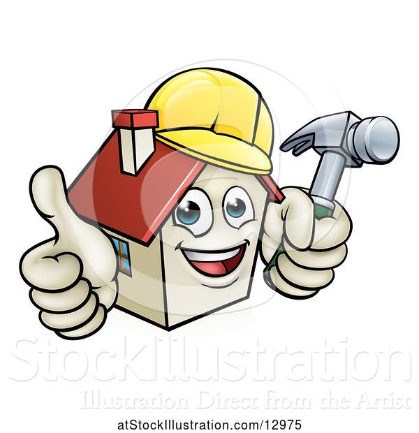 Vector Illustration of Happy Cartoon White Home Mascot Character Wearing a Hardhat, Holding a Hammer and Giving a Thumb up