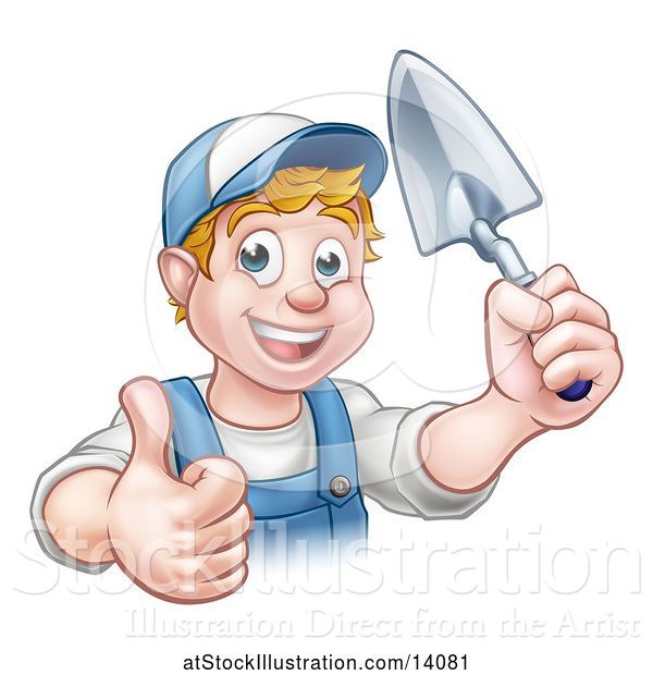 Vector Illustration of Happy Cartoon White Male Gardener Holding a Garden Trowel and Giving a Thumb up