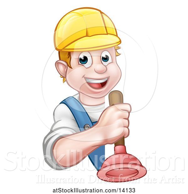 Vector Illustration of Happy Cartoon White Male Plumber Holding a Plunger Around a Sign