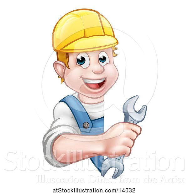 Vector Illustration of Happy Cartoon White Male Worker Holding a Spanner Wrench Around a Sign