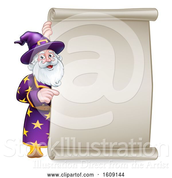 Vector Illustration of Happy Cartoon Wizard Pointing Around a Scroll Sign