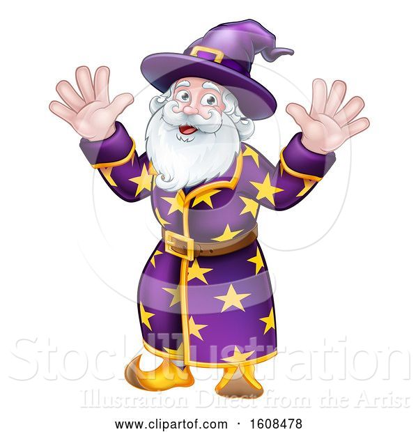 Vector Illustration of Happy Cartoon Wizard Waving with Both Hands