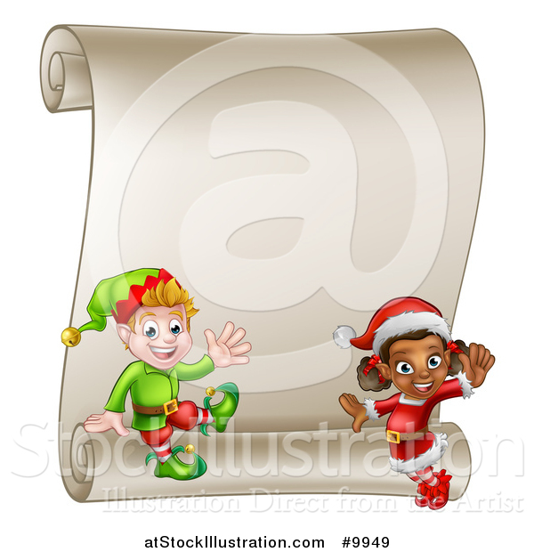 Vector Illustration of Happy Christmas Elves by a Blank Scroll Sign