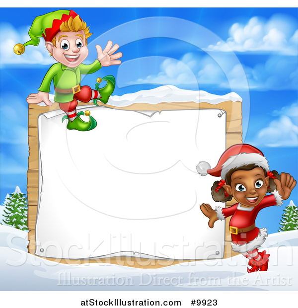 Vector Illustration of Happy Christmas Elves by a Wooden Sign in a Winter Landscape