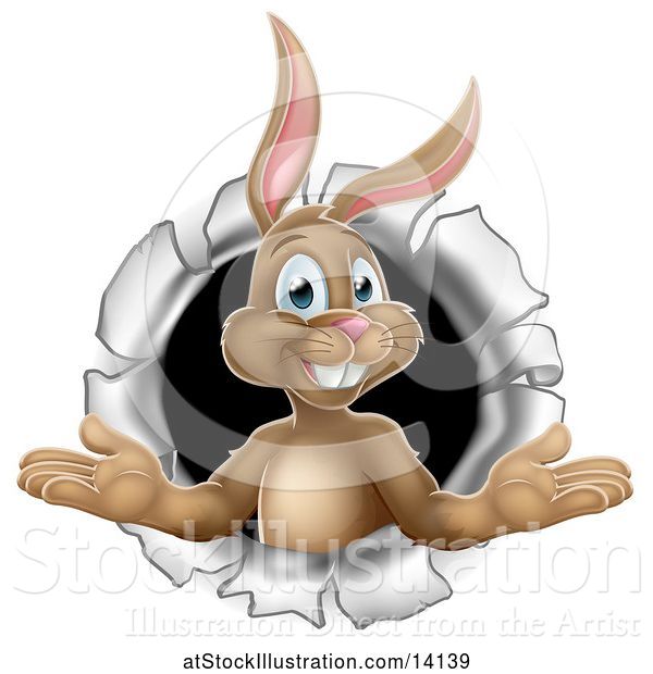 Vector Illustration of Happy Easter Bunny Rabbit Breaking Through a Hole in a Wall