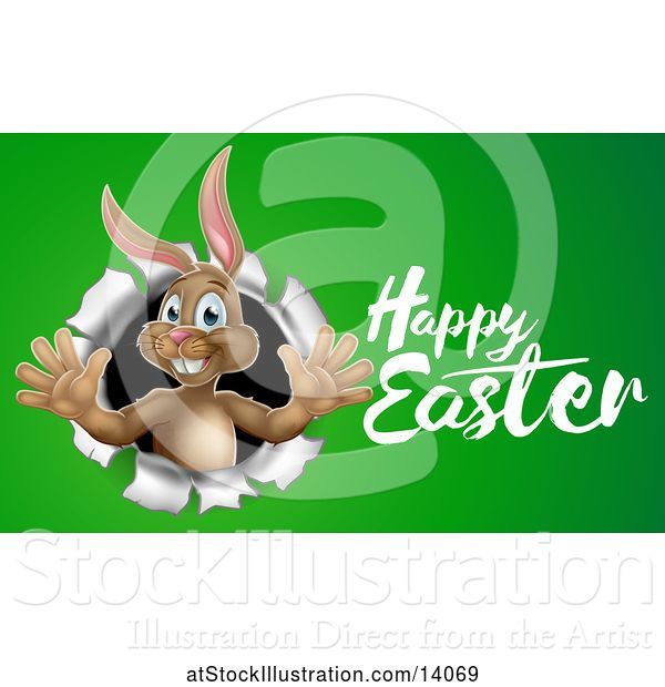 Vector Illustration of Happy Easter Greeting by a Brown Bunny Rabbit Breaking Through a Hole in a Wall, over Green
