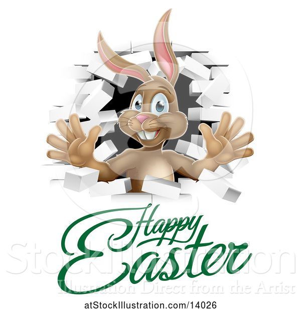 Vector Illustration of Happy Easter Greeting Under a White Bunny Rabbit Breaking Through a White Brick Wall