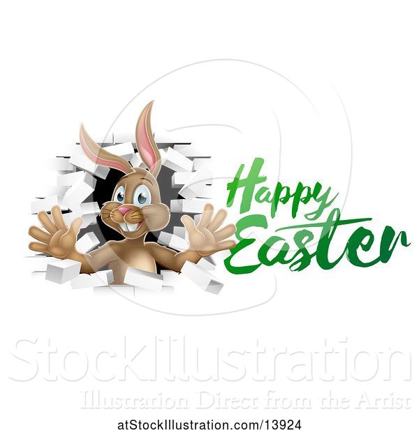 Vector Illustration of Happy Easter Greeting with a Brown Bunny Rabbit Breaking Through a White Brick Wall