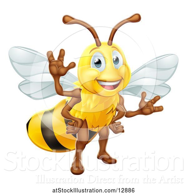 Vector Illustration of Happy Friendly Bee Mascot Waving