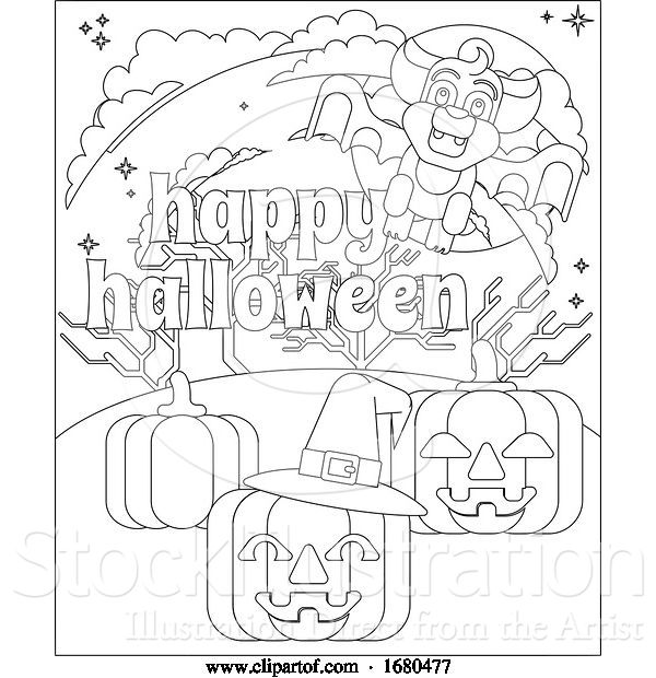 Vector Illustration of Happy Halloween Vampire Bat Pumpkin Coloring Page