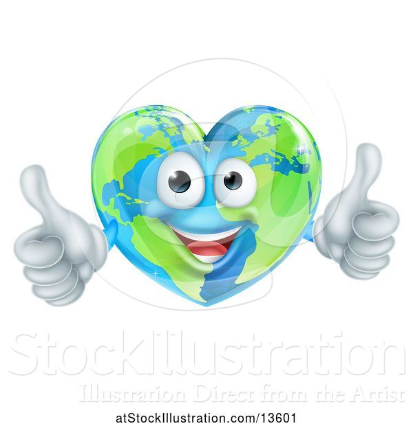 Vector Illustration of Happy Heart Shaped Earth Globe Character Giving Two Thumbs up