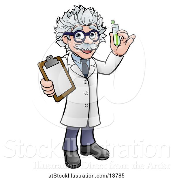 Vector Illustration of Happy Male Scientist Holding a Test Tube and Clipboard