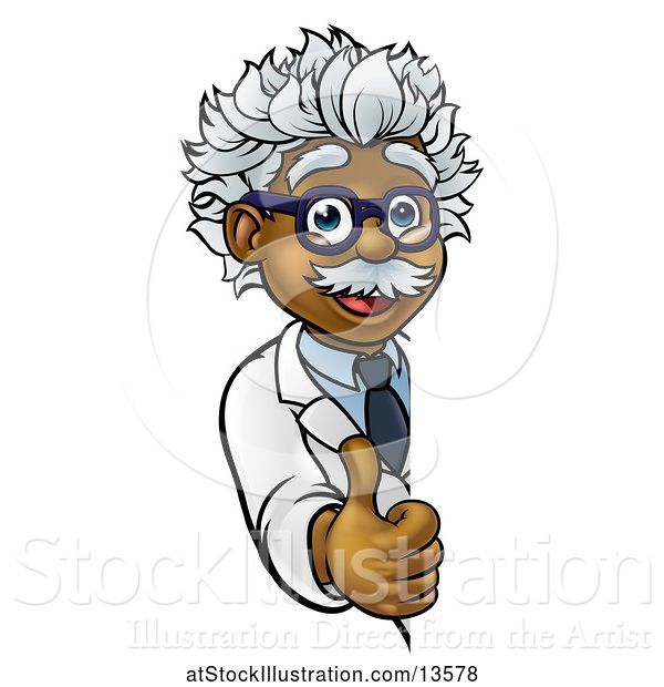 Vector Illustration of Happy Male Scientist Holding a Thumb up Around a Sign