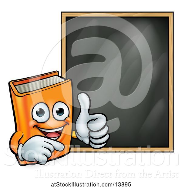 Vector Illustration of Happy Orange Book Mascot Giving a Thumb up by a Black Board