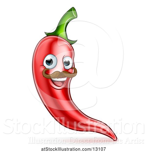 Vector Illustration of Happy Red Chile Pepper Mascot Character with a Mustache