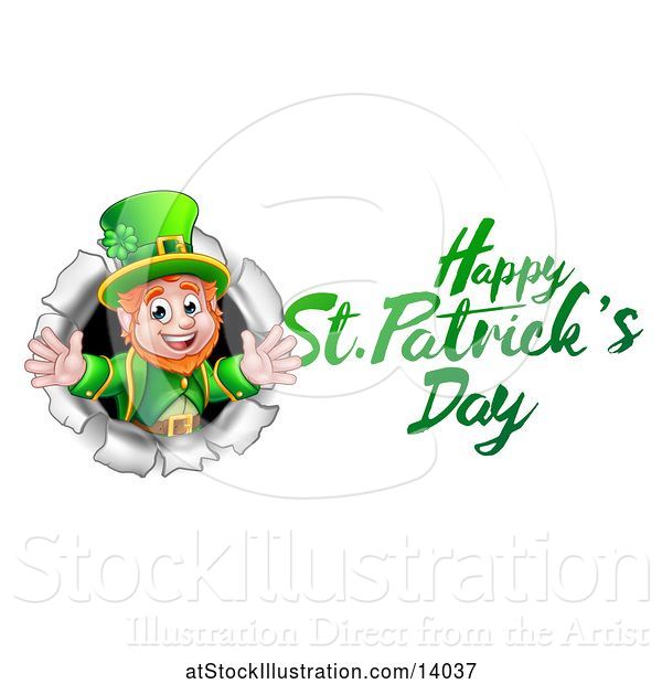 Vector Illustration of Happy St Patricks Day Greeting by a Leprechaun Breaking Through a Wall