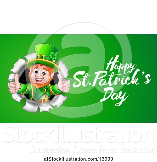 Vector Illustration of Happy St Patricks Day Greeting by a Leprechaun Breaking Through a Wall on Green