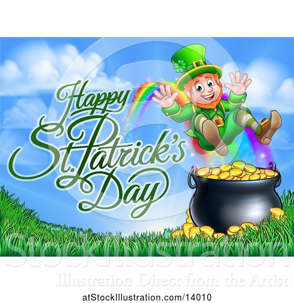 Vector Illustration of Happy St Patricks Day Greeting by a Leprechaun Jumping over a Pot of Gold at the End of a Rainbow