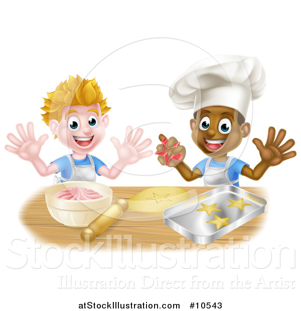 Vector Illustration of Happy White and Black Boys Making Frosting and Cookies