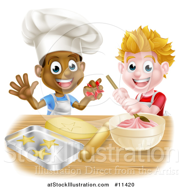 Vector Illustration of Happy White and Black Boys Making Frosting and Cookies