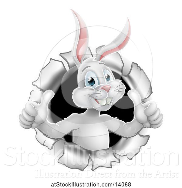 Vector Illustration of Happy White Easter Bunny Rabbit Breaking Through a Hole in a Wall and Holding up Two Thumbs
