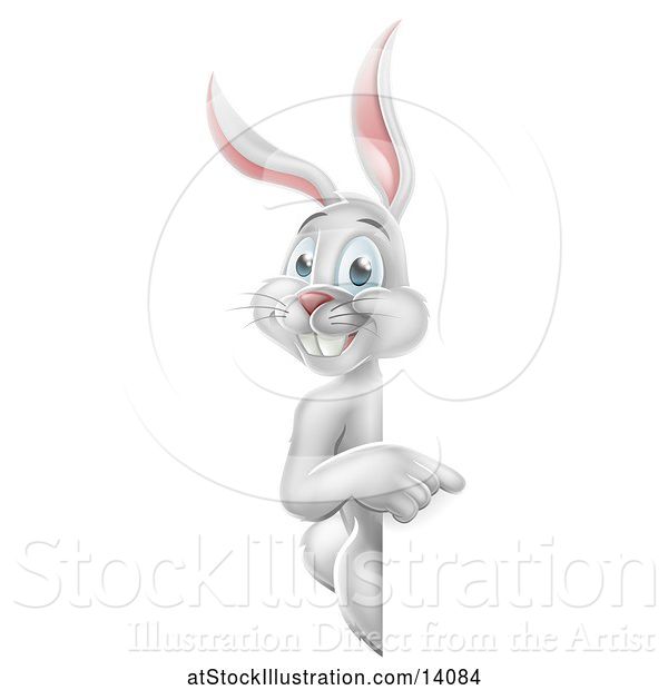 Vector Illustration of Happy White Easter Bunny Rabbit Pointing Around a Sign