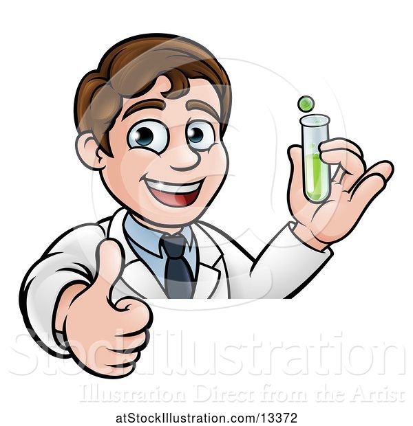 Vector Illustration of Happy White Male Scientist Giving a Thumb up and Holding a Test Tube over a Sign