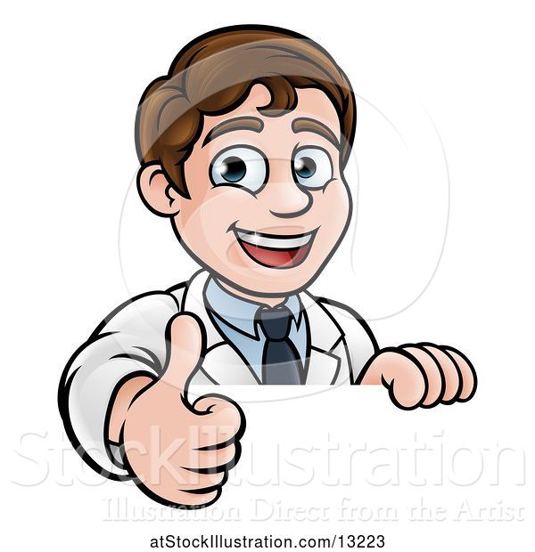 Vector Illustration of Happy White Male Scientist Giving a Thumb up over a Sign