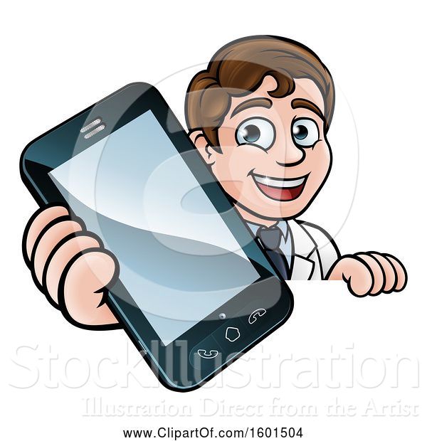 Vector Illustration of Happy White Male Scientist Holding a Cell Phone over a Sign