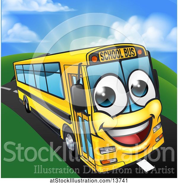 Vector Illustration of Happy Yellow School Bus Character on a Road