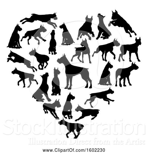 Vector Illustration of Heart Made of Black Silhouetted Boxer Dogs