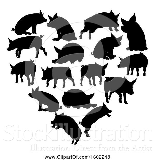 Vector Illustration of Heart Made of Black Silhouetted Pigs