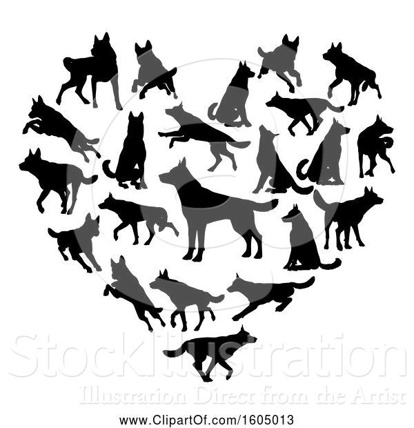 Vector Illustration of Heart Made of Silhouetted Dogs