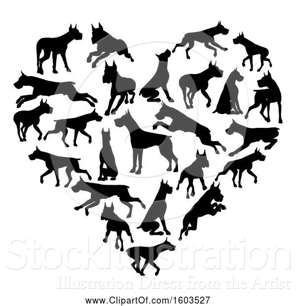 Vector Illustration of Heart Made of Silhouetted Great Dane Dogs