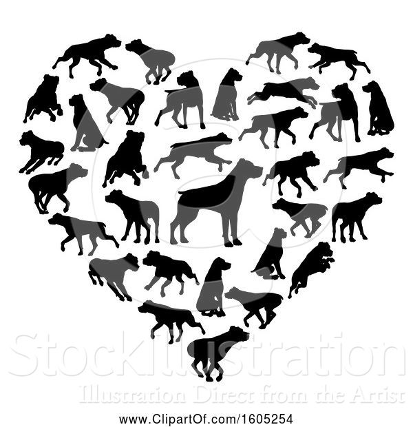 Vector Illustration of Heart Made of Silhouetted Rottweiler Dogs