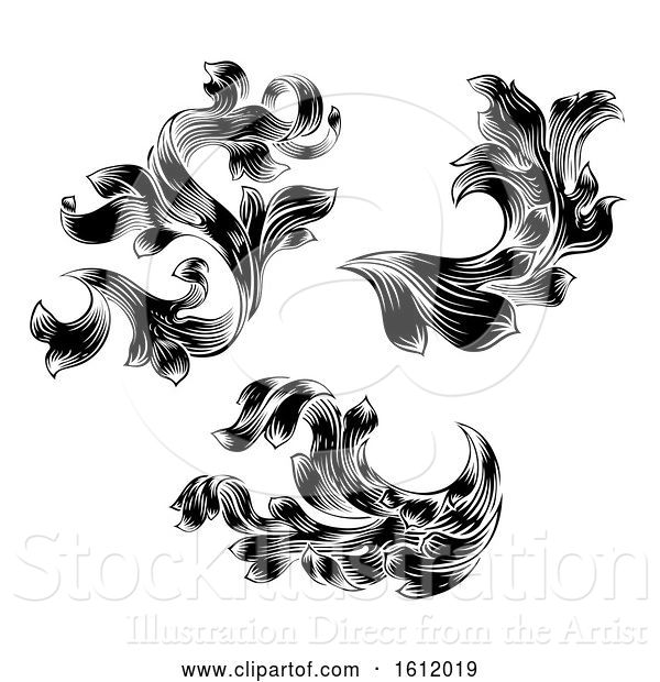 Vector Illustration of Heraldic Floral Filigree Pattern Scroll Design Set