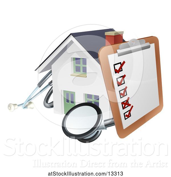 Vector Illustration of Home Inspection Check List on a Clip Board and Stethoscope Against a 3d White House