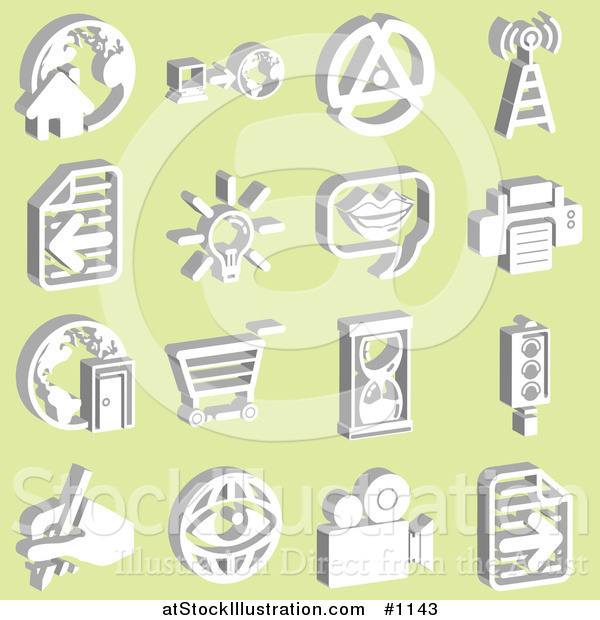 Vector Illustration of Home with a Globe, Computer, Tower Signals, Letter, Lightbulb, Messenger, Printer, Shopping Cart, Hourglass, Street Light, Eye, and Video Camera, over a Yellow Background