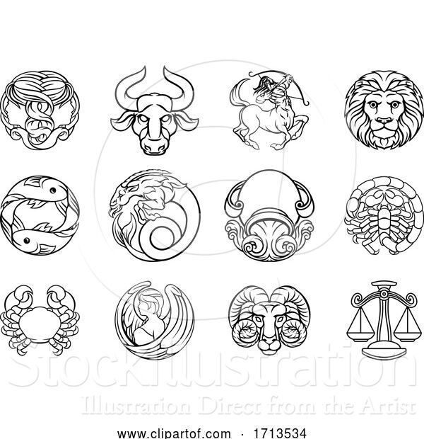 Vector Illustration of Horoscope Zodiac Astrology Star Signs Icon Set