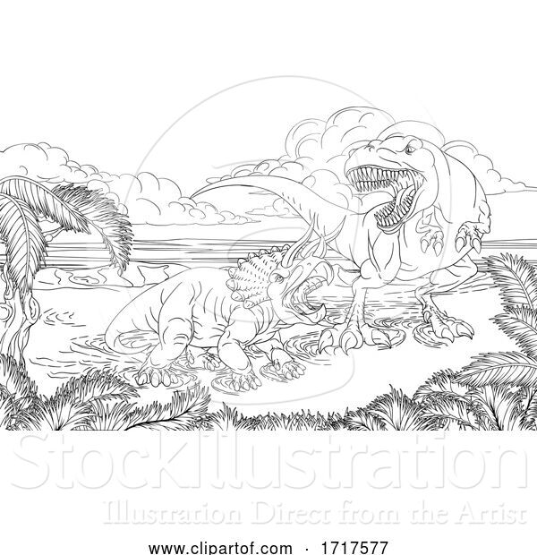 Vector Illustration of Hungry Tyrannosaurus Rex Dinosaur Attacking a Triceratops Black and White