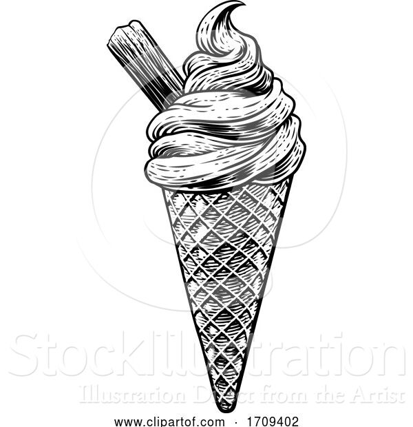 Vector Illustration of Ice Cream Cone Vintage Woodcut Etching Style