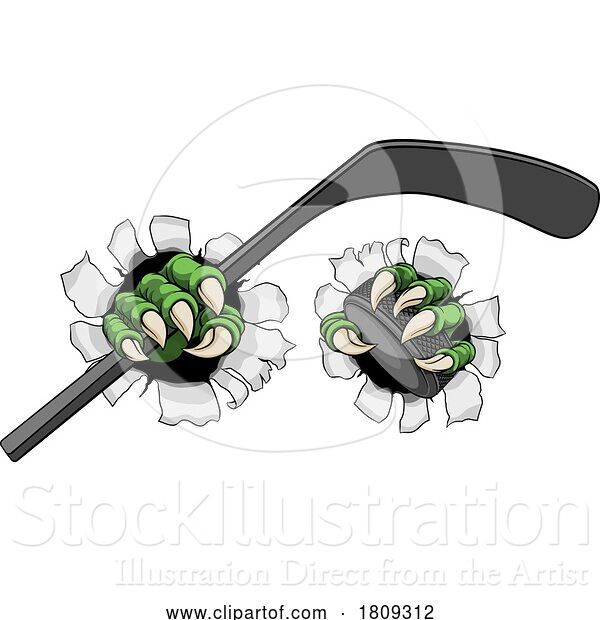 Vector Illustration of Ice Hockey Stick Puck Claws Monster Hands