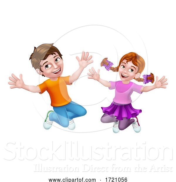 Vector Illustration of Jumping Girl and Boy Children Children