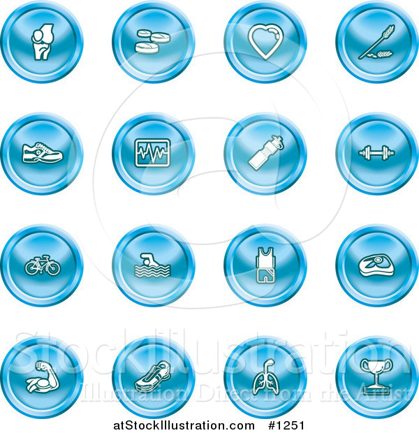 Vector Illustration of Knee Joint, Pills, Heart, Wheat, Shoes, Chart, Water Bottle, Weights, Bike, Swimmer, Fitness Clothes, Muscles, Lungs and Trophy