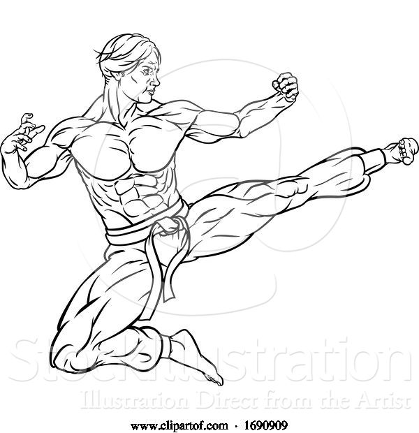 Vector Illustration of Kung Fu Karate Flying Kick Guy