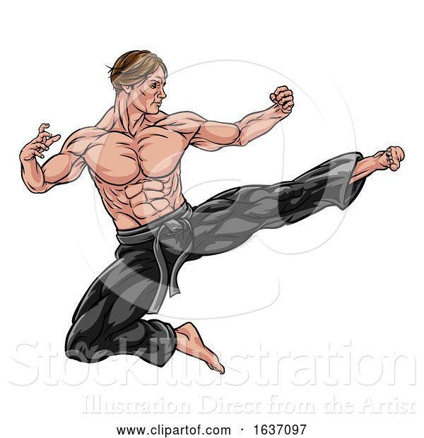 Vector Illustration of Kung Fu or Karate Flying Kick